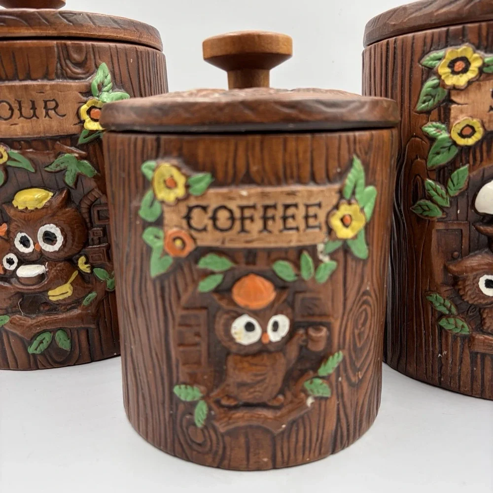 Vtg 1970's Woodsy Owl  Stump Canisters Treasure Craft USA Set of 3‎ MCM Rare HTF